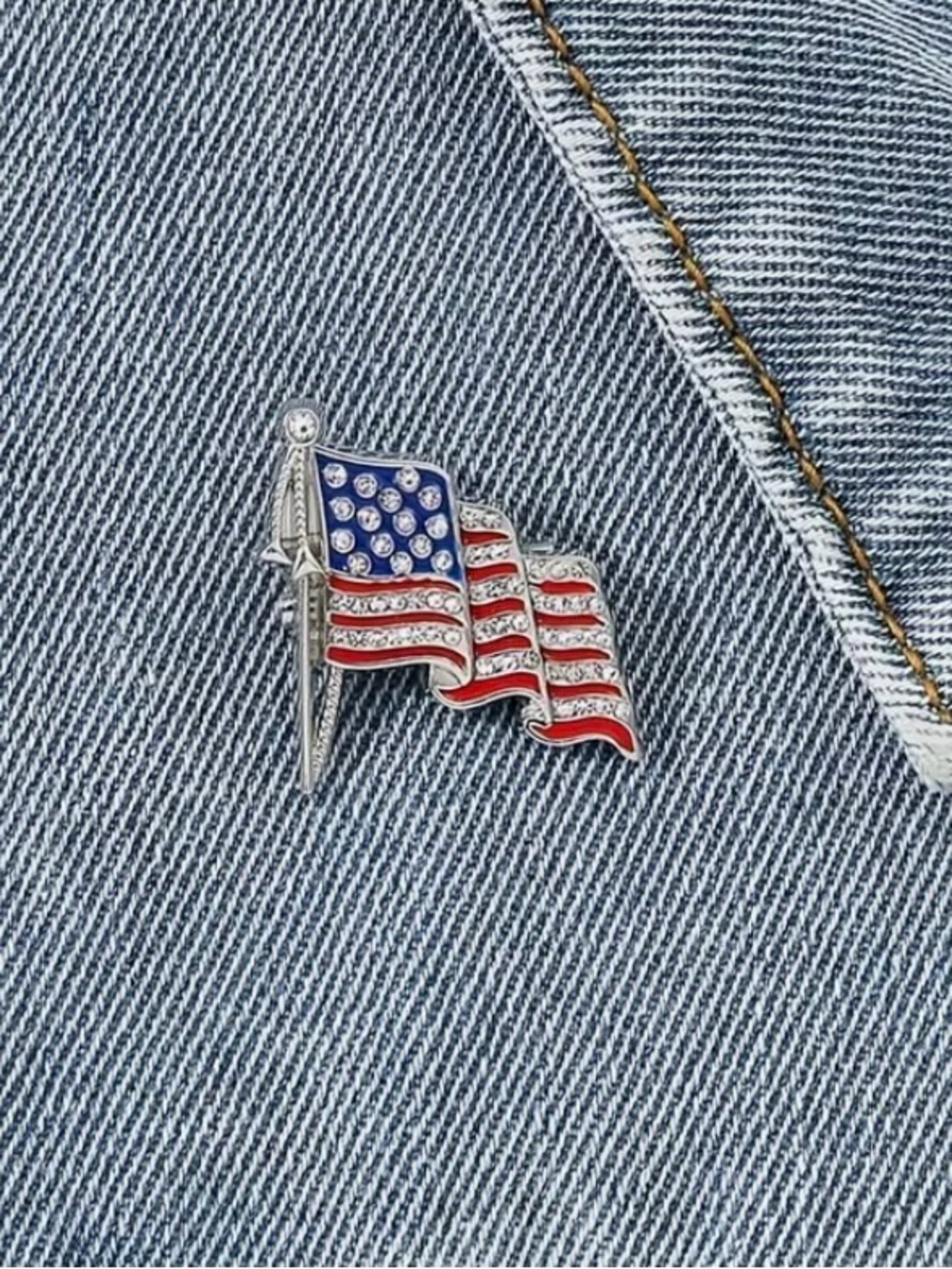 Waving American Flag Enamel Lapel Pin - Red, White & Blue Rhinestone